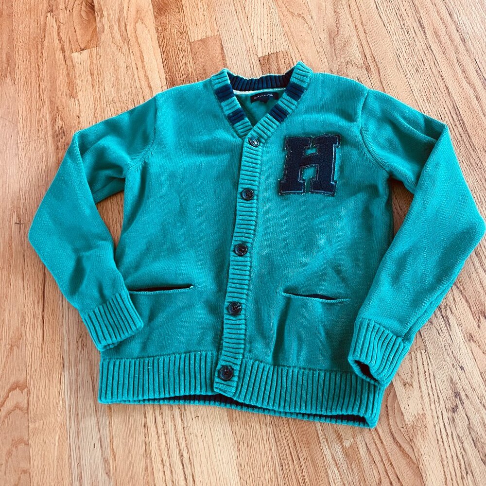 Tommy Hilfiger Cardigan Sweater YOUTH L 10-12 Kelly Green Letter H Logo Preppy